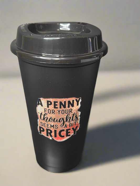 “A Penny for Your Thoughts” Matte Black Travel Cup – 350ml