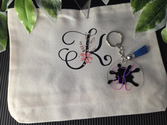 Personalized Floral Initial Pouch with Matching Keychain